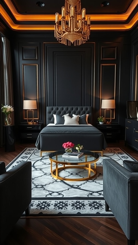 A black living room with Art Deco style featuring gold accents, a plush bed, and a chandelier.