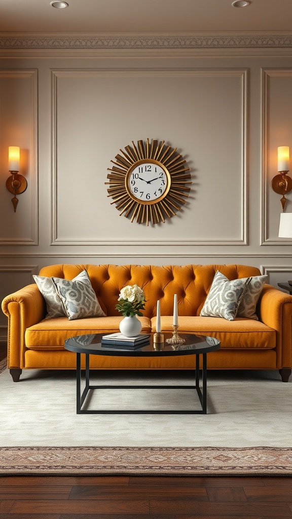 A mustard sofa in a stylish living room with Art Deco elements, featuring a round coffee table and decorative wall accents.