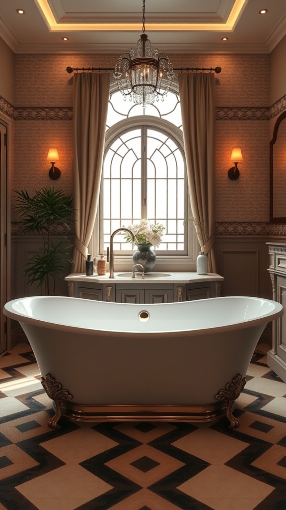 A luxurious bathroom featuring a freestanding bathtub, elegant chandelier, and Art Deco design elements.