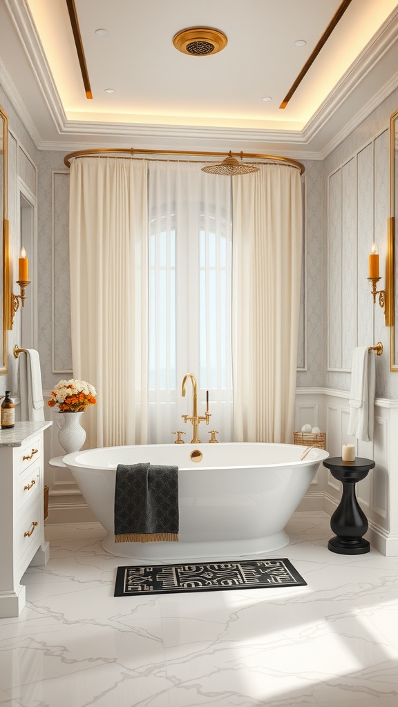 Luxurious bathroom featuring Art Deco elements with a white bathtub, gold fixtures, and elegant curtains.