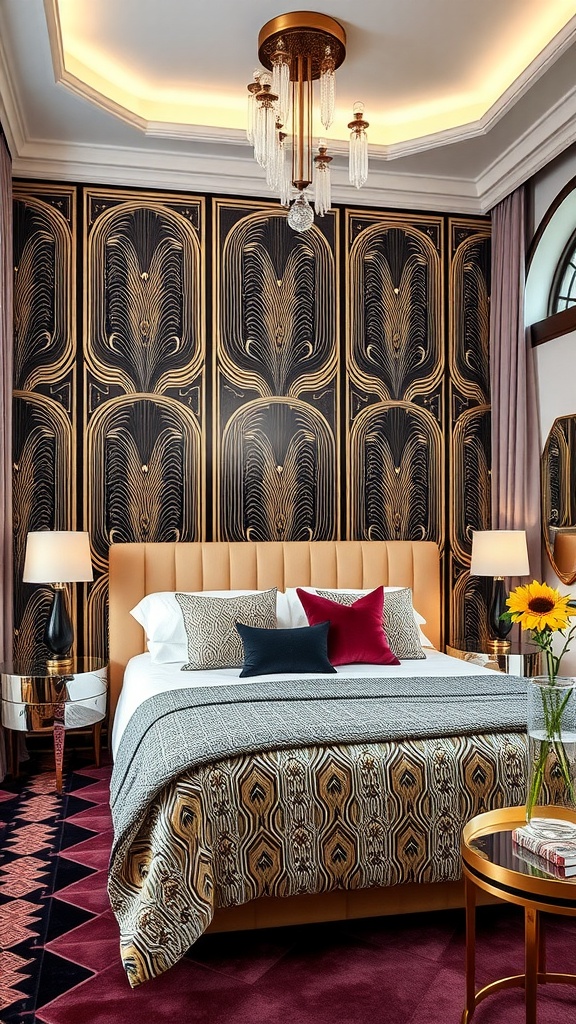 A stylish bedroom featuring Art Deco influences with gold patterned wallpaper and elegant furniture.