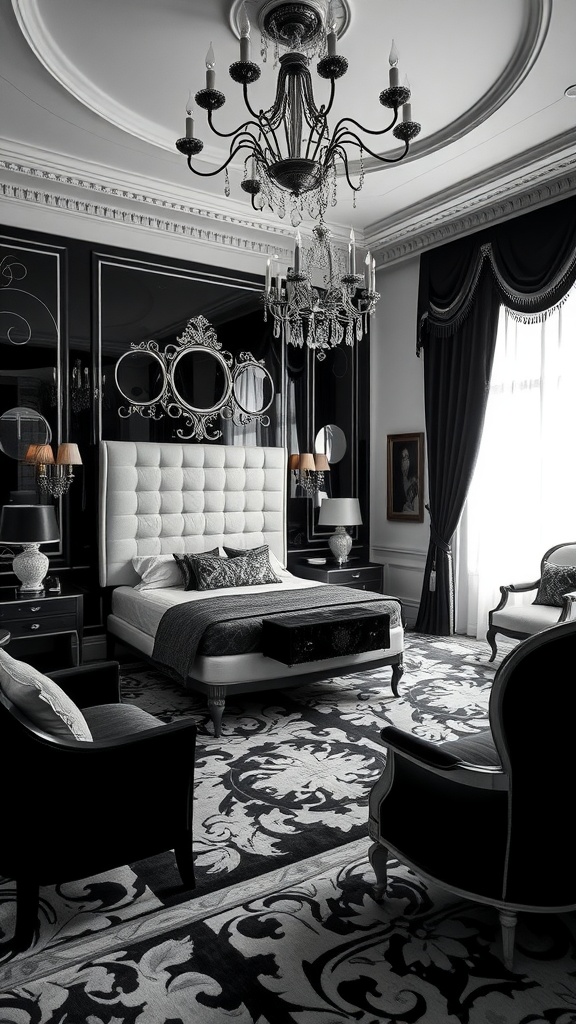 A black and white Art Deco inspired bedroom featuring a plush bed, ornate chandelier, and geometric patterns.