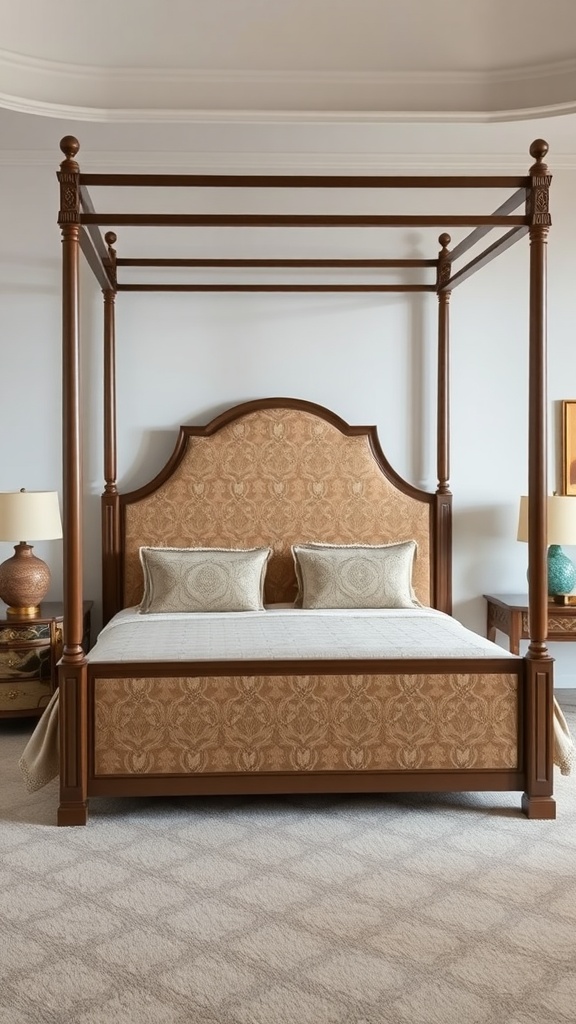 Four-poster bed with intricate headboard and warm wood tones, styled in Art Deco design