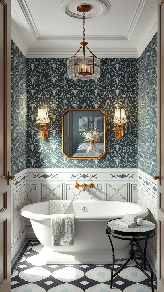 A stylish bathroom featuring Art Deco design with floral wallpaper, gold fixtures, and a freestanding bathtub.