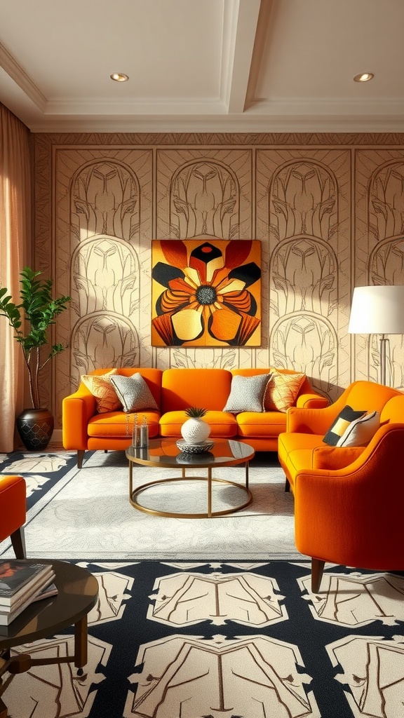 A stylish living room featuring a bold orange sofa, Art Deco-inspired decor, and geometric patterns.