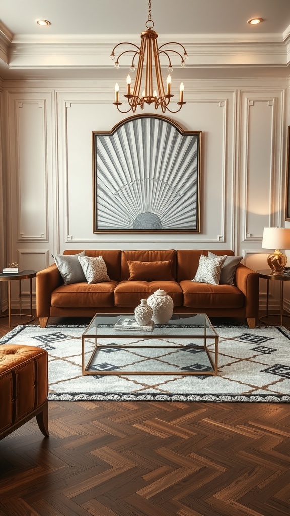 A stylish living room featuring a brown couch, geometric artwork, and an elegant chandelier.