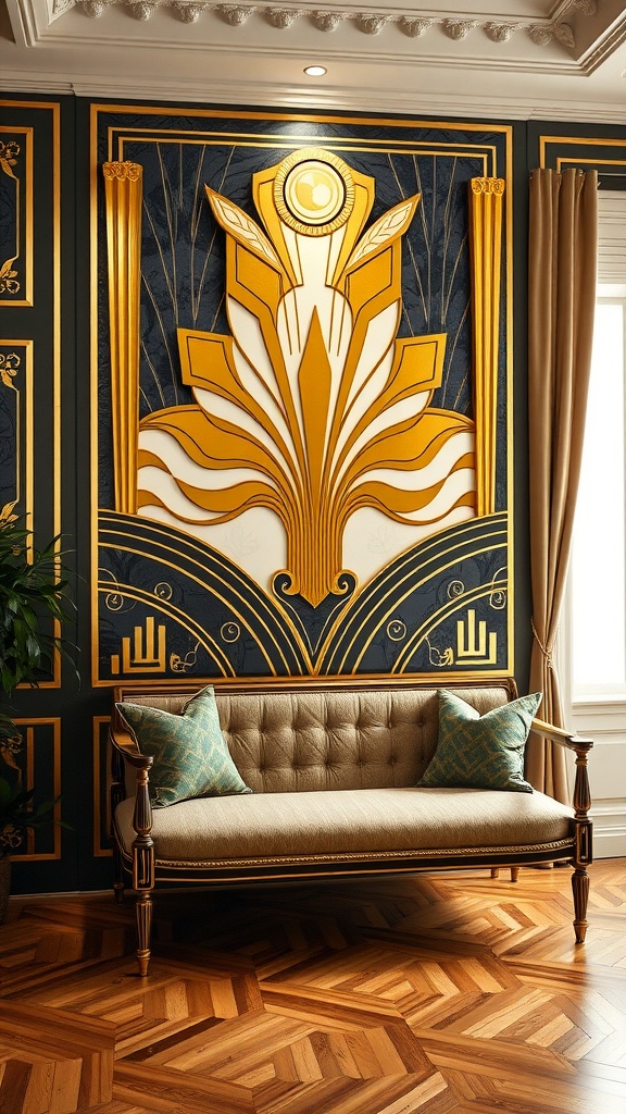 Art Deco inspired wall art featuring bold geometric patterns and a floral motif, complemented by a stylish sofa.
