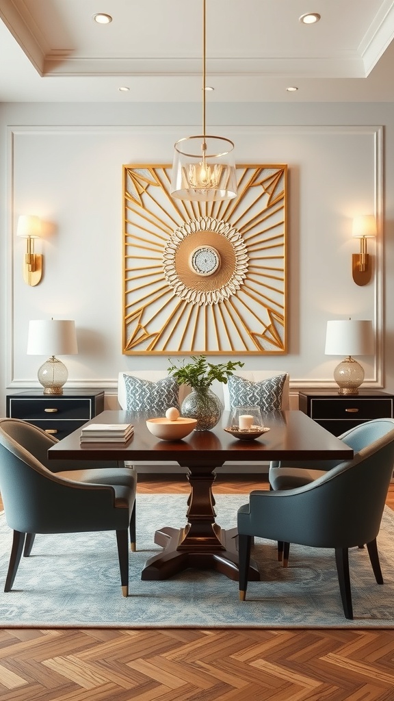 Art Deco inspired wall art featuring a sunburst design in a stylish dining room.