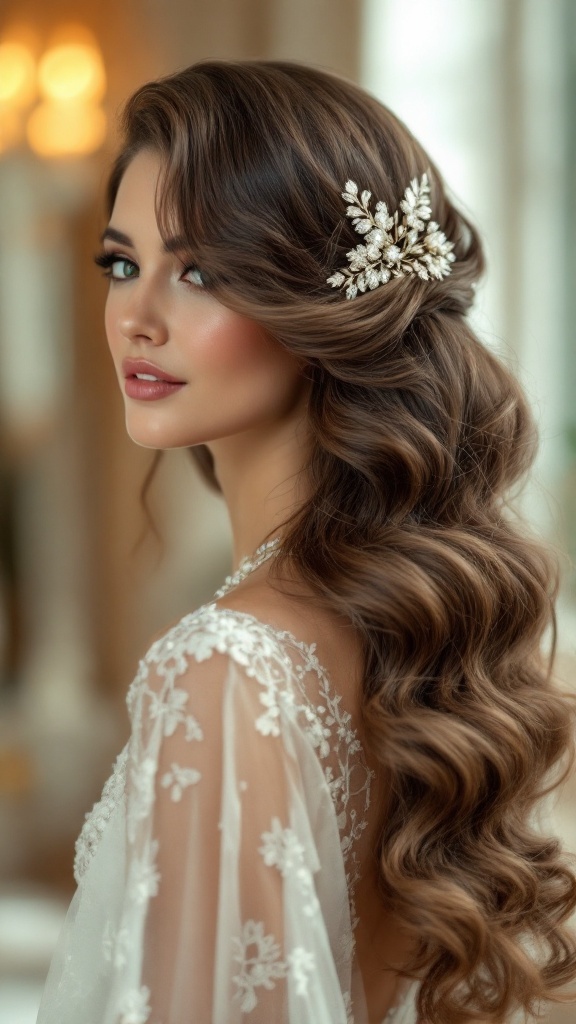 Elegant side-swept hairstyle featuring soft waves and a floral hair accessory, showcasing vintage wedding elegance.