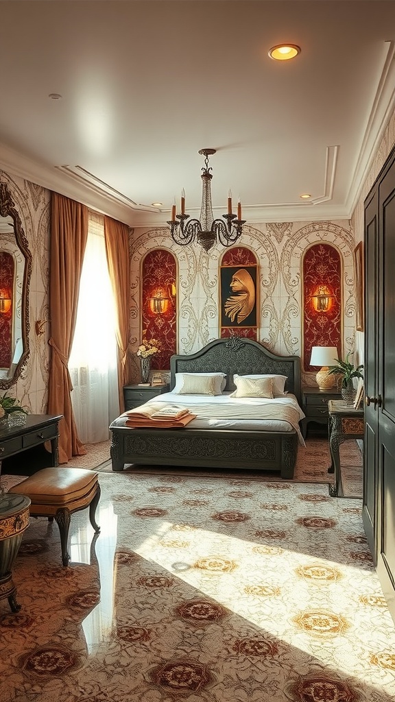 A beautifully decorated bedroom inspired by Art Deco design with intricate tile flooring.