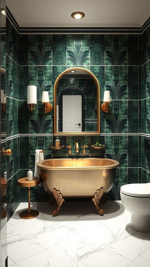 Elegant bathroom featuring Art Deco inspired green tiles and a gold bathtub