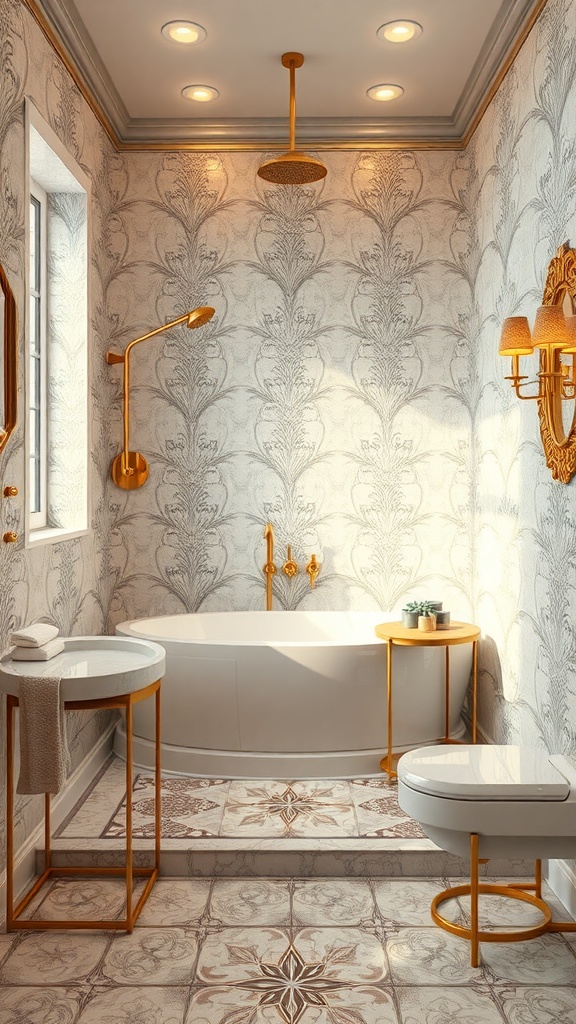 A stylish bathroom featuring Art Deco inspired tiles with intricate patterns, gold fixtures, and a luxurious feel.