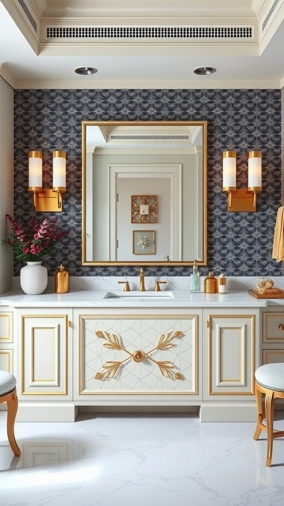 Art Deco inspired bathroom vanity with gold accents and intricate design.
