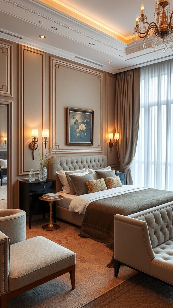 A luxurious bedroom featuring Art Deco sconces, elegant furniture, and warm lighting.