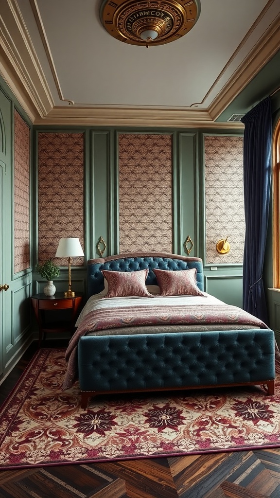 A bedroom featuring Art Deco wainscoting, with green walls, patterned wallpaper, and a sophisticated bed.