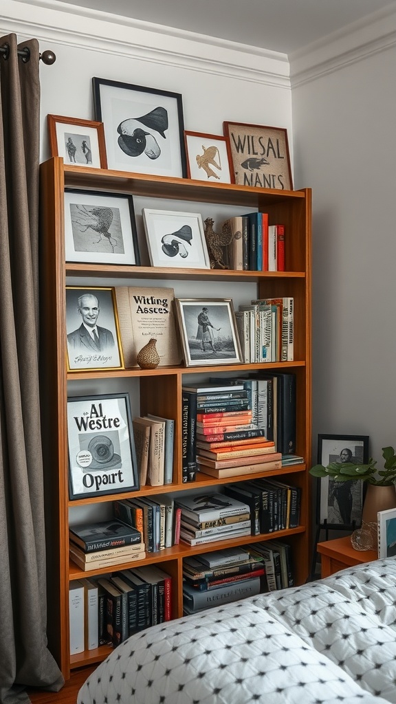 A wooden bookshelf displaying framed art and books in a cozy bedroom setting.
