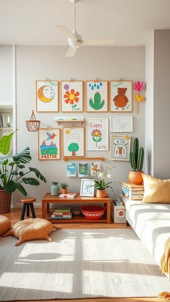 A living room corner featuring a wall of children's artwork framed neatly, surrounded by plants and cozy decor.