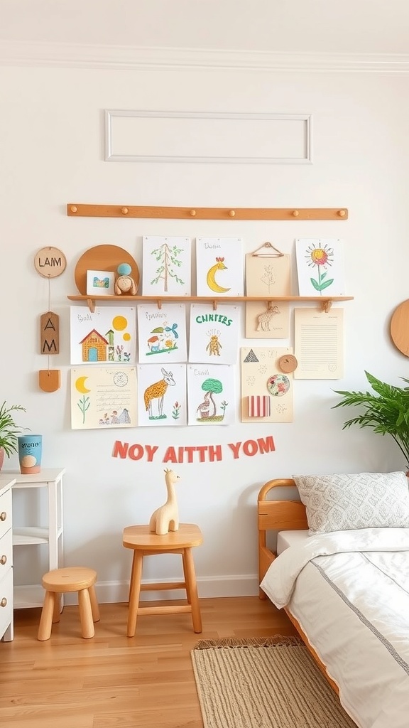 Art display wall in a toddler's bedroom featuring colorful drawings and wooden shelves.