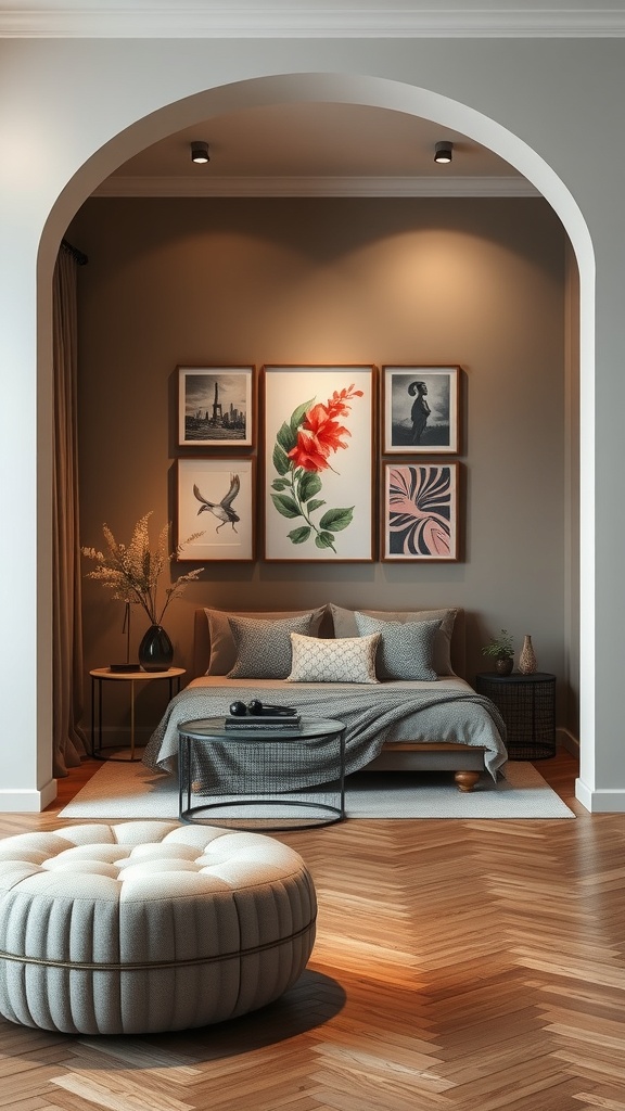 Cozy living room alcove featuring framed art, ambient lighting, and a plush ottoman.