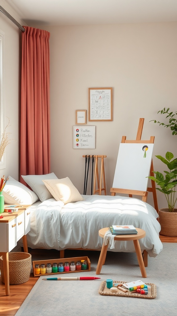 A cozy art corner in a toddler's bedroom with an easel, colorful art supplies, and a comfortable bed.