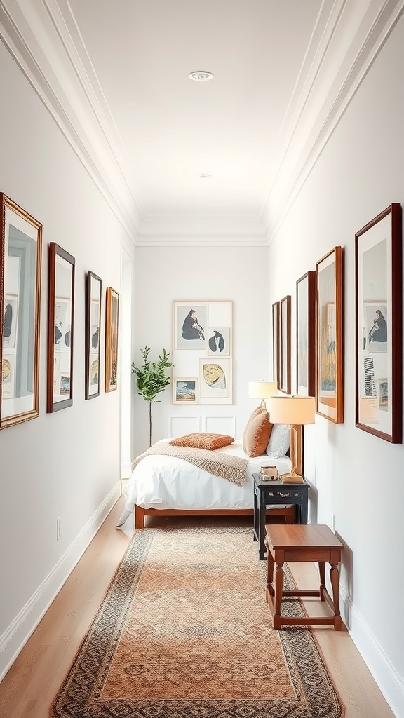 A bright hallway with framed artwork on the walls, a cozy bed, and a potted plant.