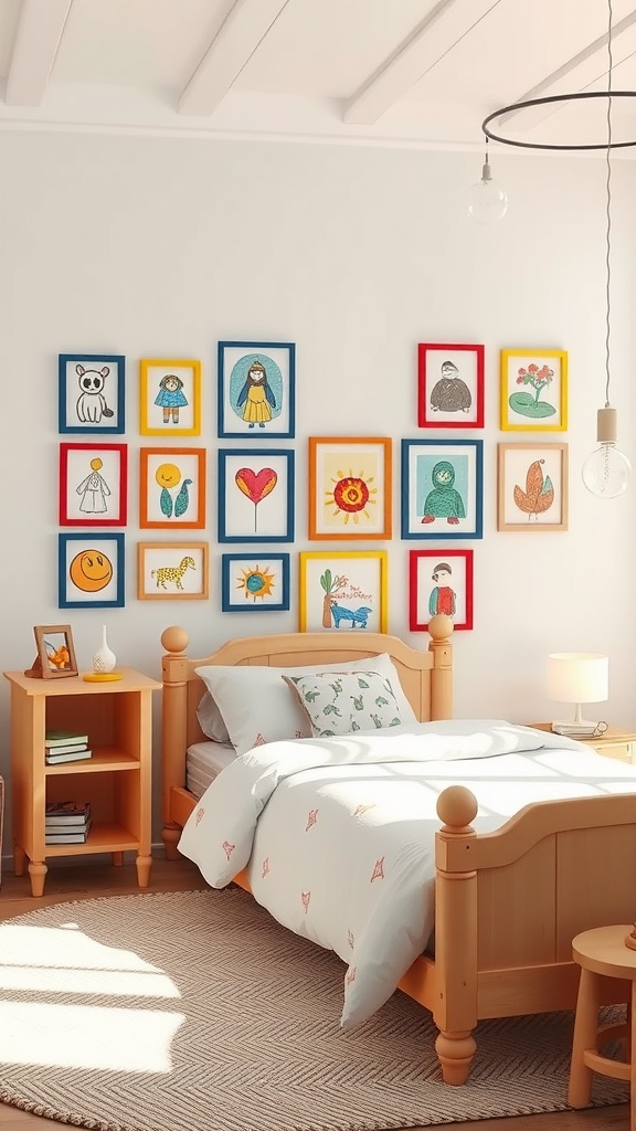 Colorful art gallery wall showcasing children's drawings in a stylish bedroom