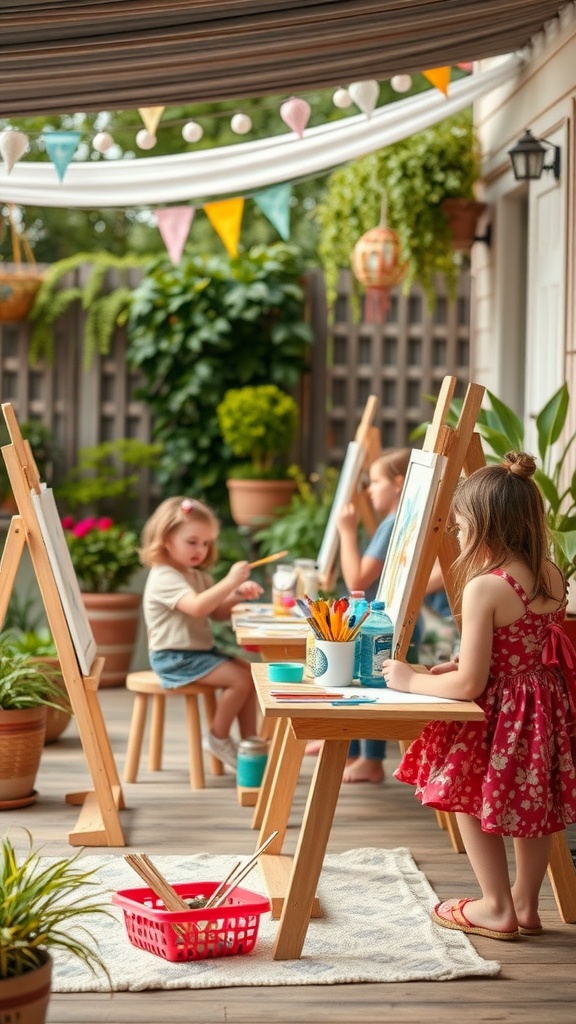 Children engaged in painting at outdoor art stations with vibrant decorations and greenery.