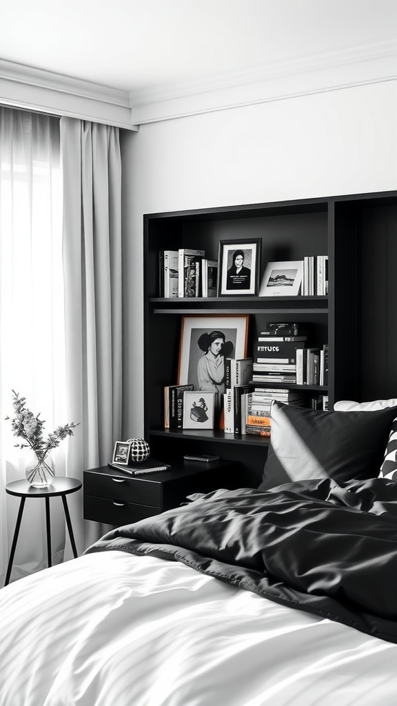 Monochrome bedroom with a stylish bookshelf arrangement featuring books and framed photos.