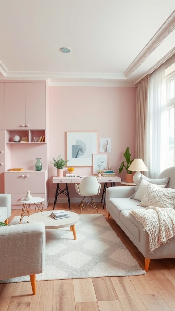 A pastel-themed living space featuring pink walls, gray furniture, and a cozy arrangement.