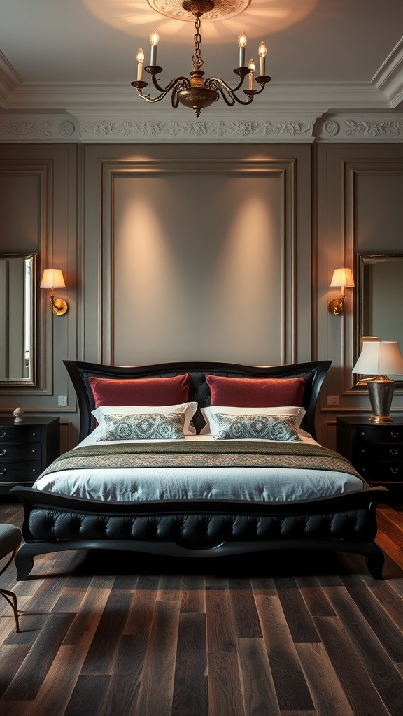 Elegant bedroom featuring a black bed frame with red cushions, surrounded by soft lighting and warm wood flooring.