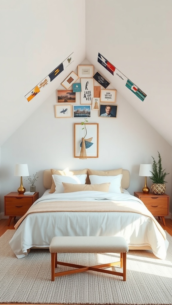 Cozy bedroom with sloped ceiling featuring framed art, fabric banners, and stylish furniture.