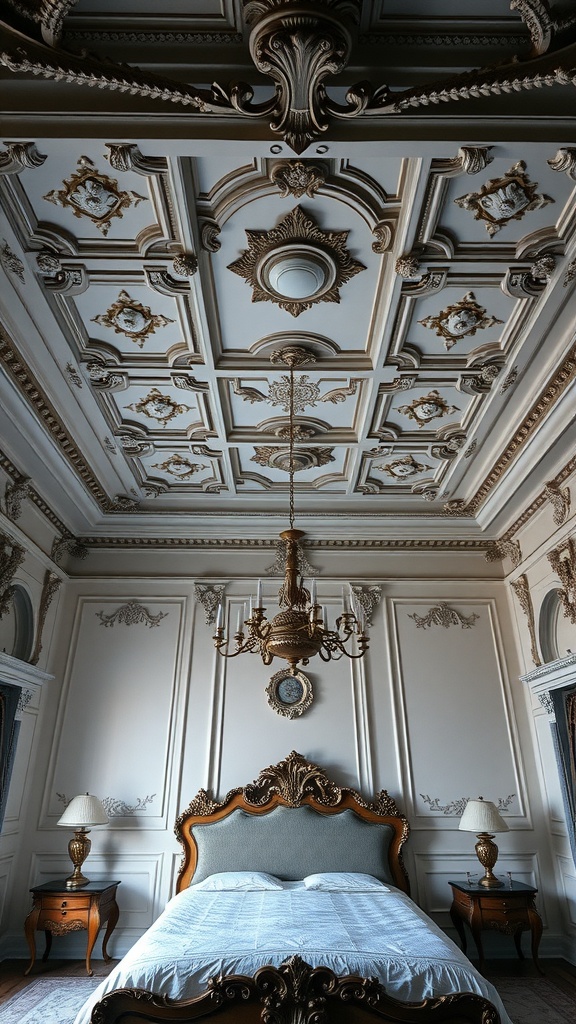 An ornate bedroom ceiling with intricate moldings and a chandelier