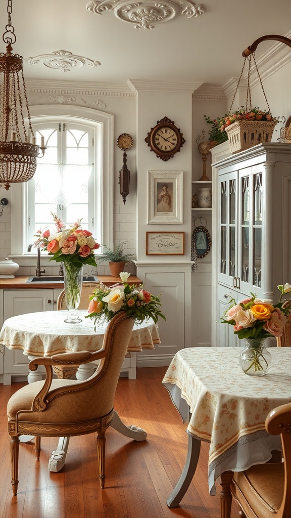 A beautiful Victorian kitchen with floral centerpieces, vintage furniture, and elegant light fixtures.