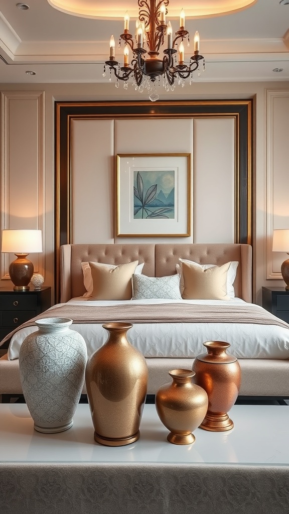 A luxurious bedroom featuring a chandelier, elegant bed, and decorative vases.