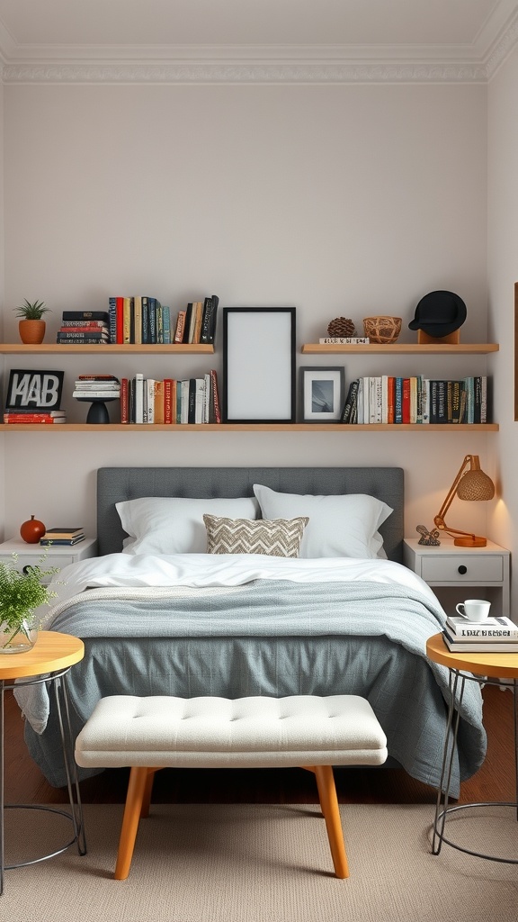 A cozy bedroom with books and collectibles displayed on shelves above the bed.