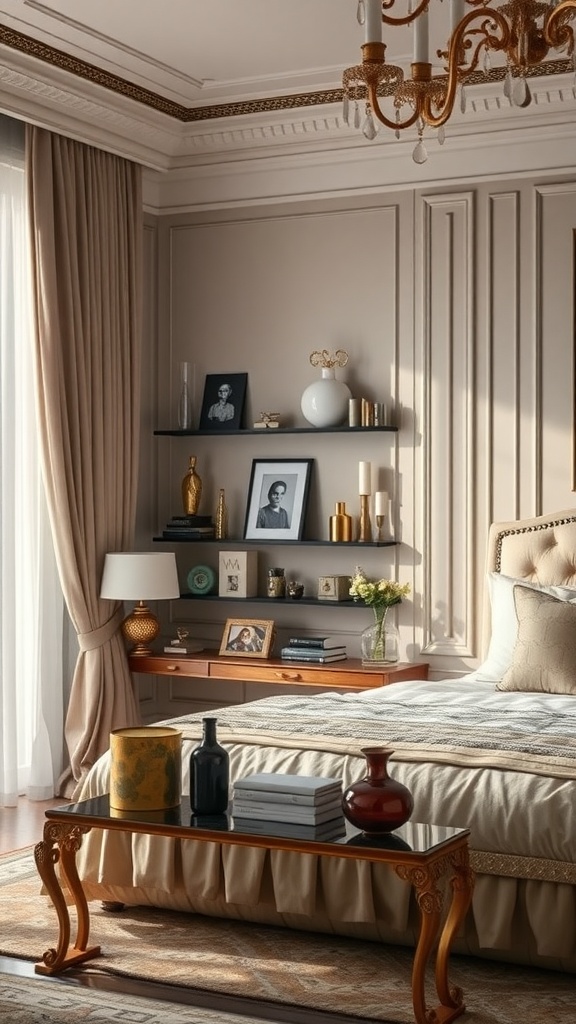A luxurious bedroom featuring an artful display of personal items on shelves, including photos, decorative pieces, and elegant furnishings.