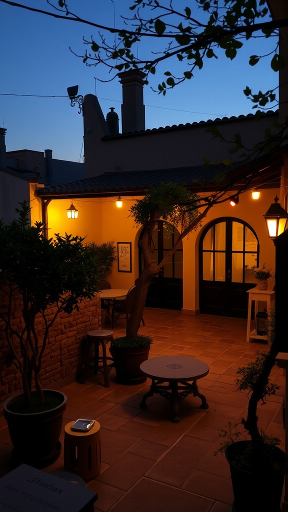 A cozy Mediterranean courtyard with warm lighting during the evening.