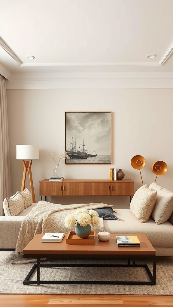 A stylish beige living room featuring a cozy sofa, wooden furniture, and decorative accents.