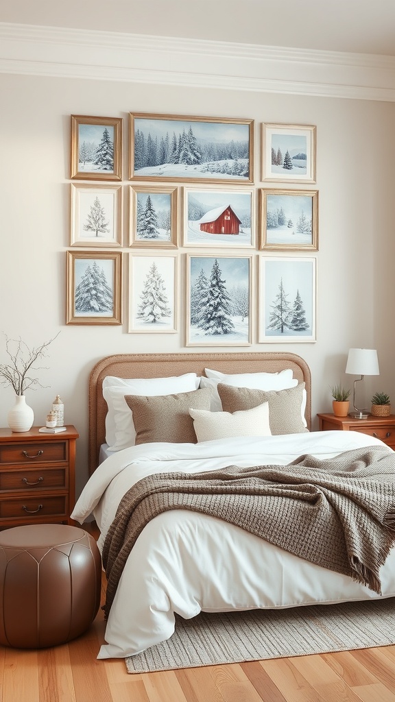A cozy bedroom featuring a gallery wall of winter-themed artwork, including snow-covered trees and a red barn.