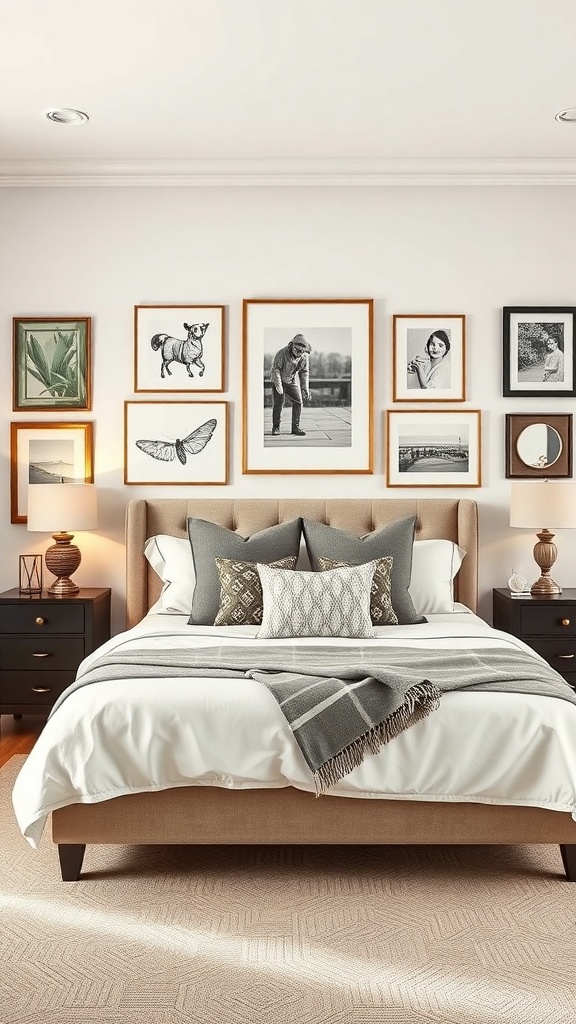 A beautifully decorated bedroom with a gallery wall of framed art, showcasing various styles and subjects.