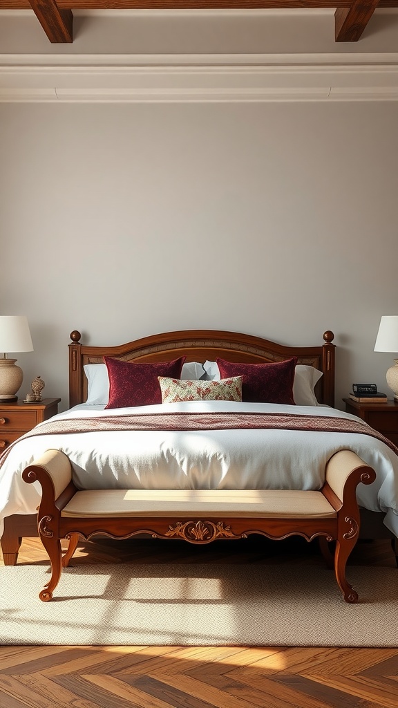 Artisan-crafted wooden bench with soft upholstery at the end of a bed in a cozy bedroom setting.