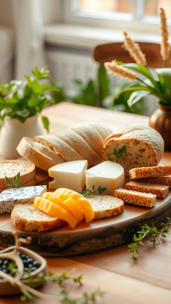 Artisan bread and cheese platter with fresh ingredients for a baby shower theme.