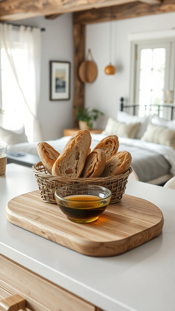 A cozy kitchen scene featuring a basket of artisan bread and a bowl of olive oil on a wooden cutting board.