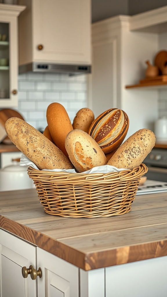 A woven basket filled with various types of artisan bread on a kitchen island.