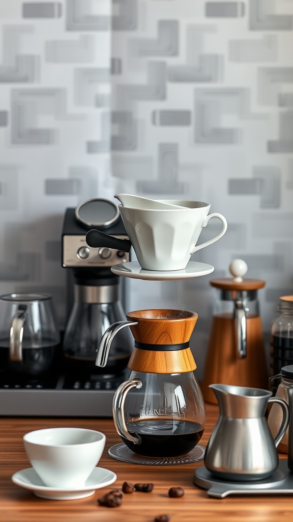 An artisan coffee brewing station with a white dripper over a glass carafe, surrounded by coffee tools and a warm wooden touch.