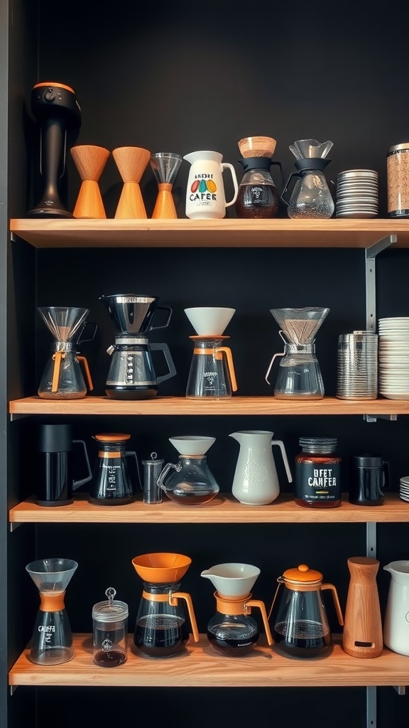 A neatly arranged coffee brewing station with various coffee makers and tools on wooden shelves against a dark background.