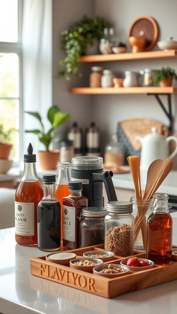 A well-organized artisan coffee flavor station with various syrups, toppings, and a French press on a kitchen counter.