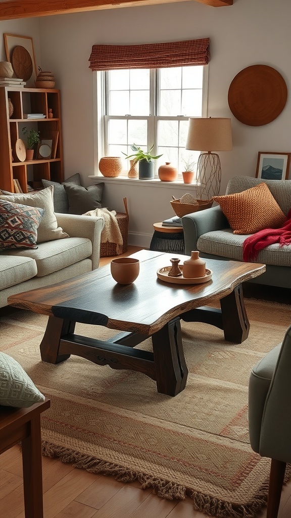 An artisan crafted wooden coffee table in a cozy living room with soft seating and warm decor.