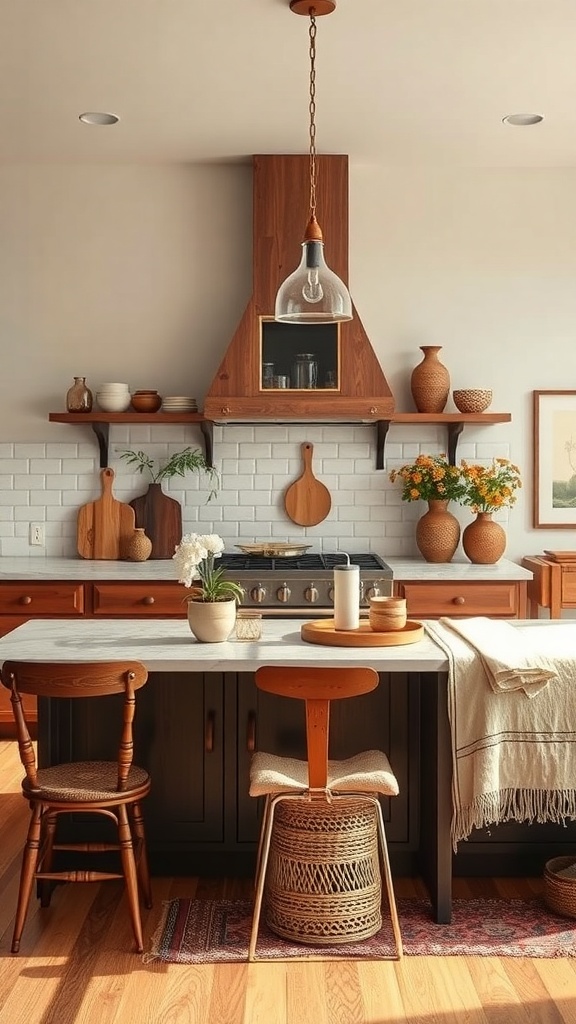 A boho kitchen featuring wooden cabinets, open shelving with pottery, a marble countertop, and woven stools.