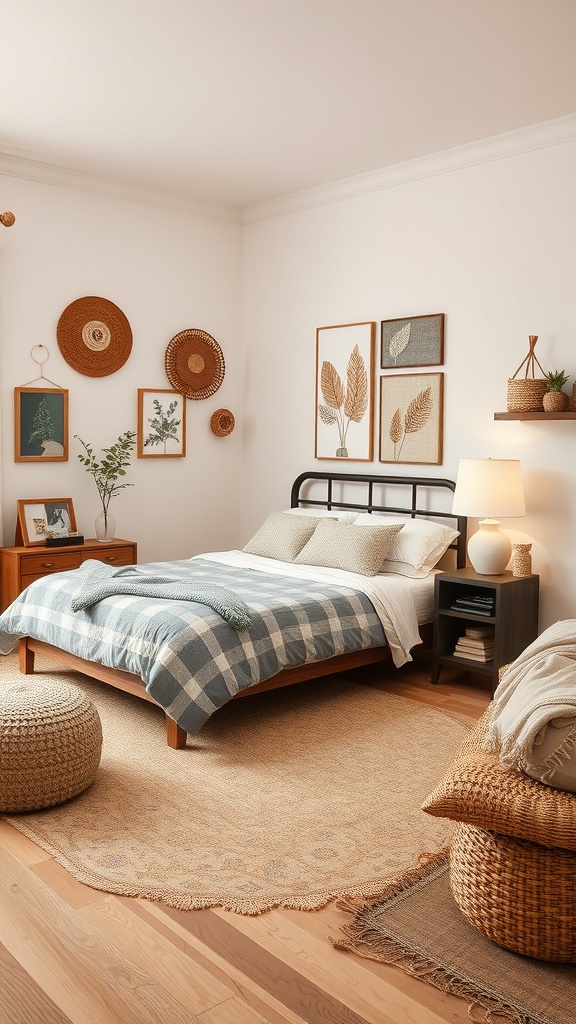 A cozy bedroom featuring artisan craftsmanship with woven wall hangings, a jute rug, and natural decor elements.